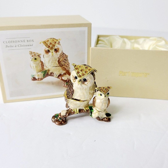 Pier 1 Owl with Baby Figurine Cloisonné Rhinestone Trinket Box Jewelry Holder - Picture 1 of 14